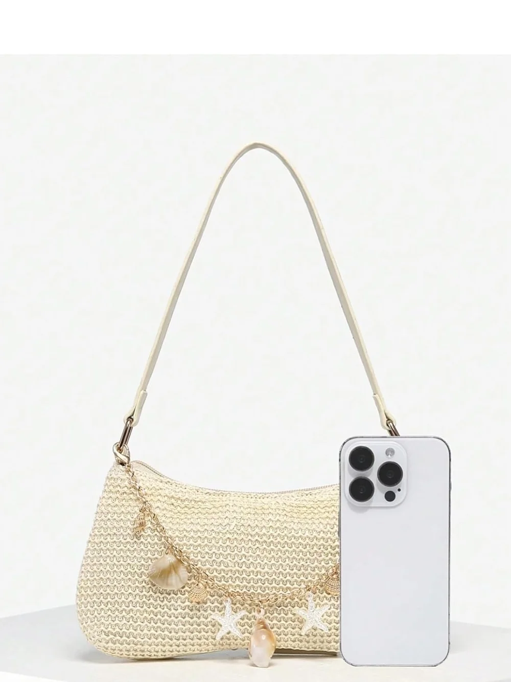 Cream Boho Seashell Beaded Straw Shoulder Bag